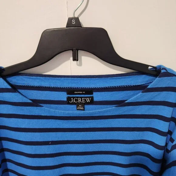 J. Crew Women's Classic Long Sleeve Boat Neck Striped Blue Cropped Top- XS - Picture 4 of 6